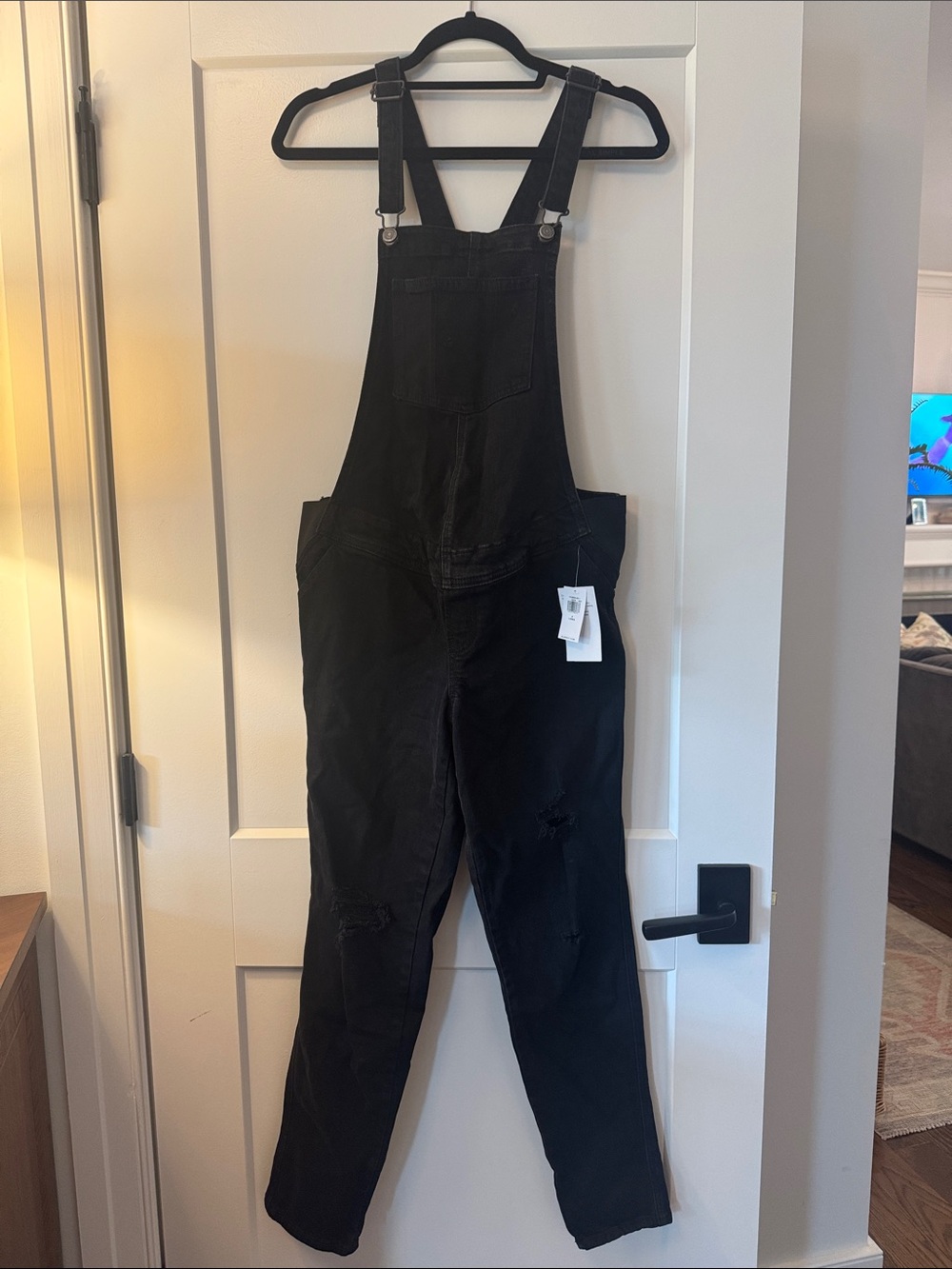 Old Navy Black Denim Overalls, distressed
